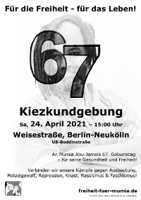 Kundgebung zu Mumias 67. Geburtstag in Berlin